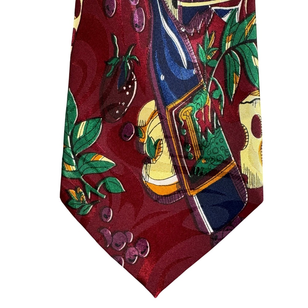 Renaissance Mens Novelty Tie Burgundy Wine Cheese Grapes Food Print Handmade 4in